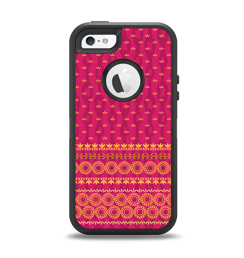 The Tall Pink & Orange Vintage Pattern Apple iPhone 5-5s Otterbox Defender Case Skin Set