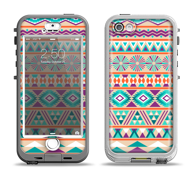 The Tan & Teal Aztec Pattern V4 Apple iPhone 5-5s LifeProof Nuud Case Skin Set