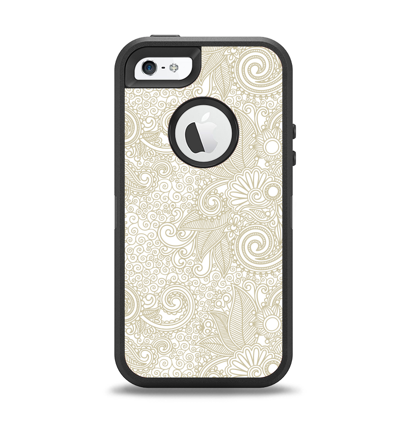 The Tan & White Vintage Floral Pattern Apple iPhone 5-5s Otterbox Defender Case Skin Set