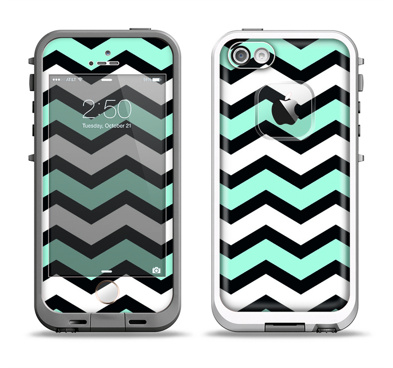 The Teal & Black Wide Chevron Pattern Apple iPhone 5-5s LifeProof Fre Case Skin Set