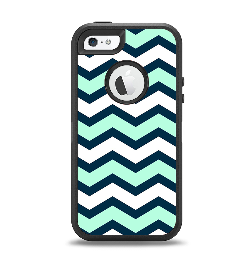 The Teal & Blue Wide Chevron Pattern Apple iPhone 5-5s Otterbox Defender Case Skin Set