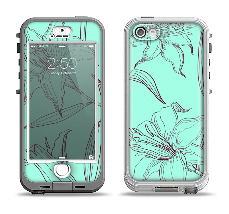 The Teal & Brown Thin Flower Pattern Apple iPhone 5-5s LifeProof Nuud Case Skin Set