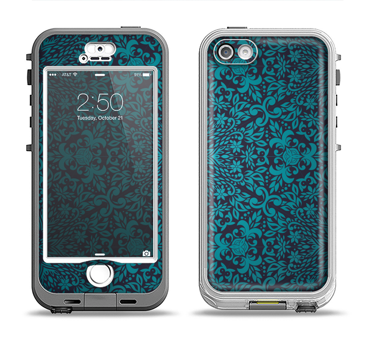 The Teal Floral Mirrored Pattern Apple iPhone 5-5s LifeProof Nuud Case Skin Set