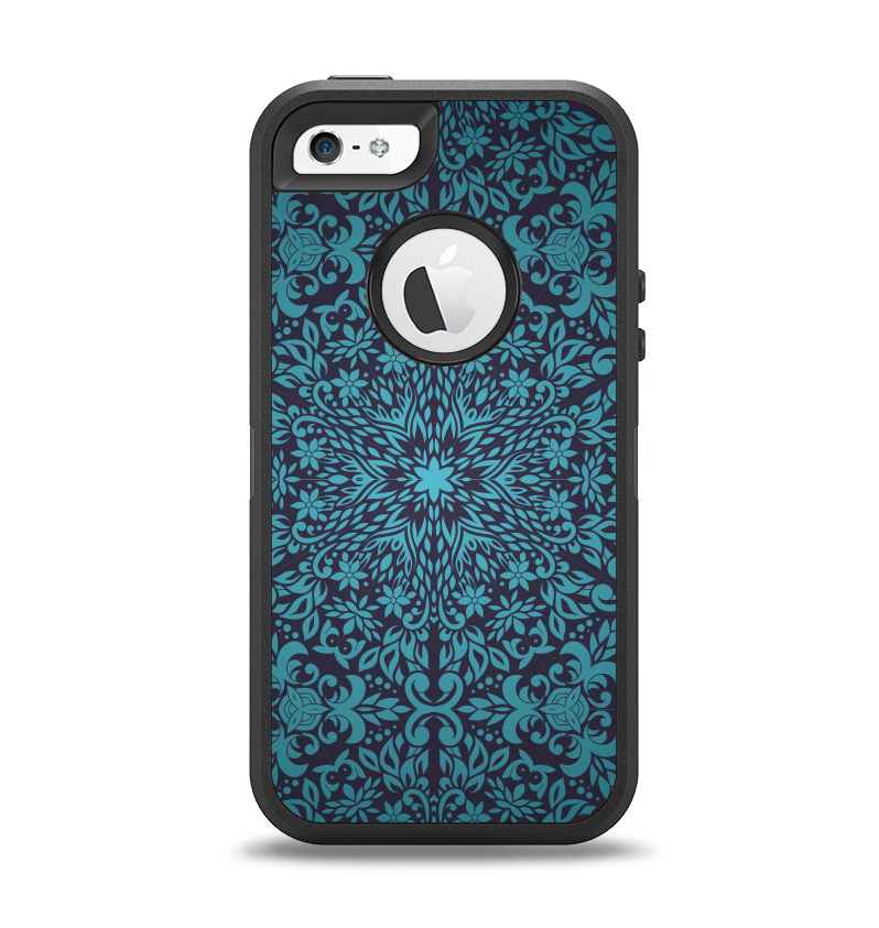 The Teal Floral Mirrored Pattern Apple iPhone 5-5s Otterbox Defender Case Skin Set