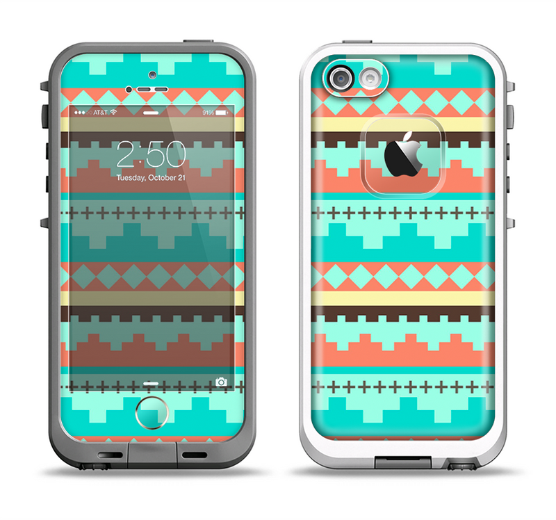 The Teal & Gold Tribal Ethic Geometric Pattern Apple iPhone 5-5s LifeProof Fre Case Skin Set