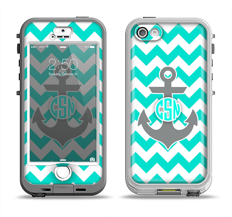 The Teal Green and Gray Monogram Anchor on Teal Chevron Apple iPhone 5-5s LifeProof Nuud Case Skin Set