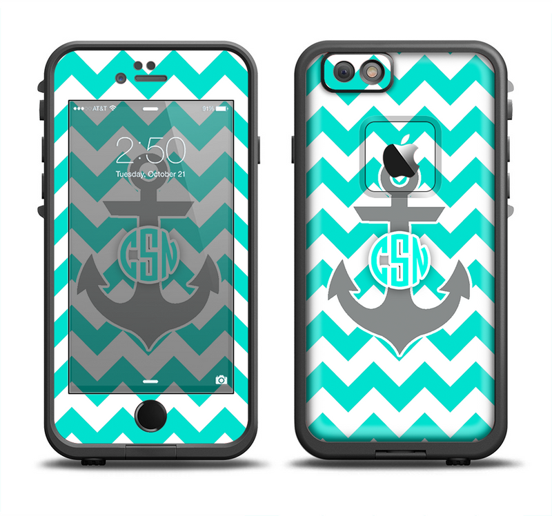 The Teal Green and Gray Monogram Anchor on Teal Chevron Apple iPhone 6/6s LifeProof Fre Case Skin Set