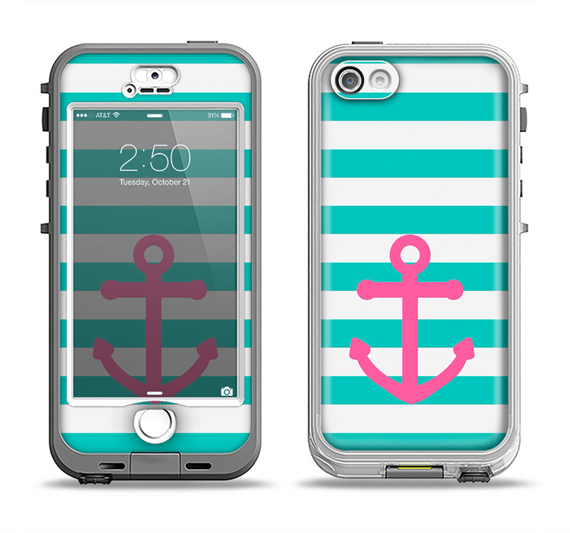 The Teal Striped Pink Anchor Apple iPhone 5-5s LifeProof Nuud Case Skin Set