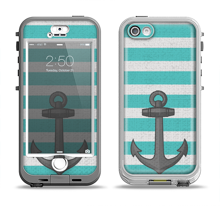 The Teal Stripes with Gray Nautical Anchor Apple iPhone 5-5s LifeProof Nuud Case Skin Set