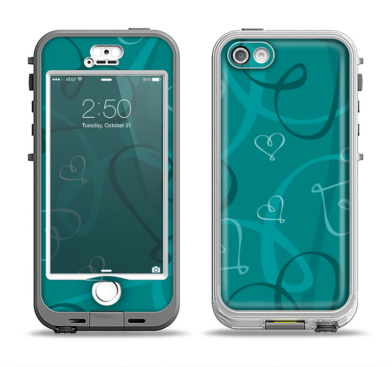 The Teal Swirly Vector Love Hearts Apple iPhone 5-5s LifeProof Nuud Case Skin Set
