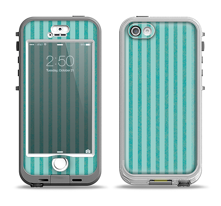 The Teal Vintage Stripe Pattern v7 Apple iPhone 5-5s LifeProof Nuud Case Skin Set