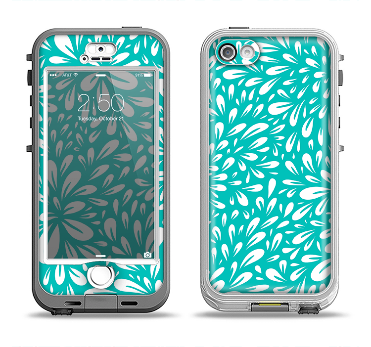 The Teal and White Floral Sprout Apple iPhone 5-5s LifeProof Nuud Case Skin Set