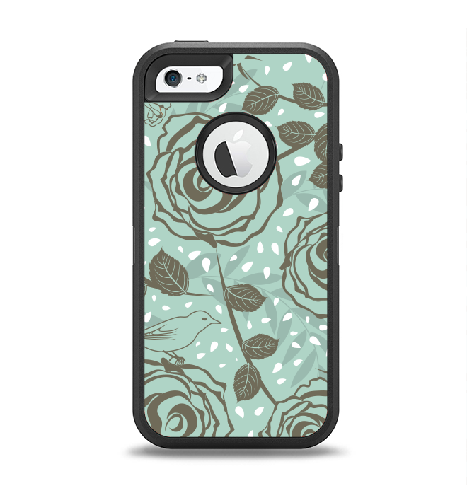 The Toned Green Vector Roses and Birds Apple iPhone 5-5s Otterbox Defender Case Skin Set