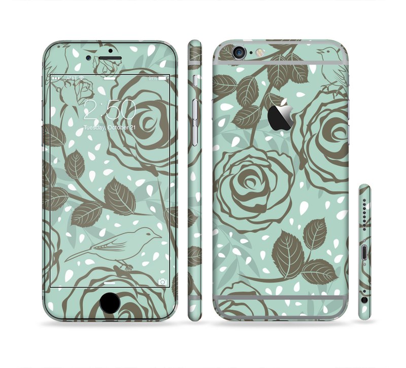 The Toned Green Vector Roses and Birds Sectioned Skin Series for the Apple iPhone 6/6s Plus