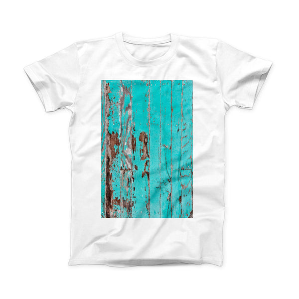 The Turquoise Chipped Paint on Wood ink-Fuzed Front Spot Graphic Unisex Soft-Fitted Tee Shirt