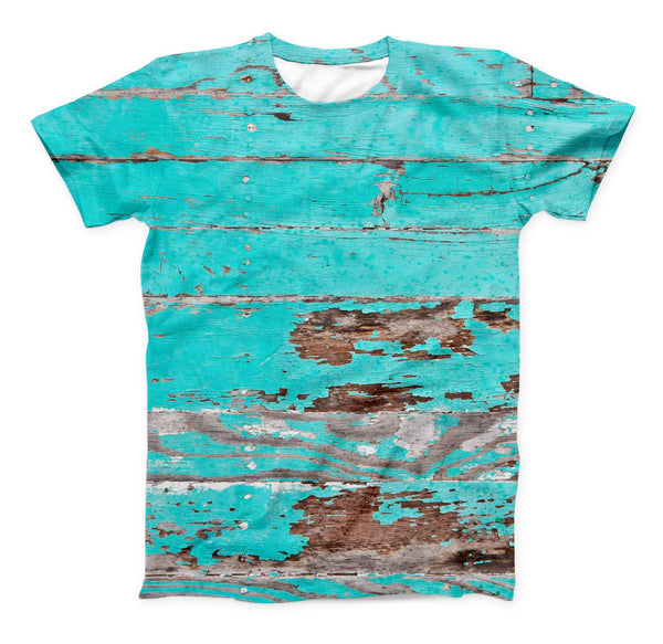 The Turquoise Chipped Paint on Wood ink-Fuzed Unisex All Over Full-Printed Fitted Tee Shirt