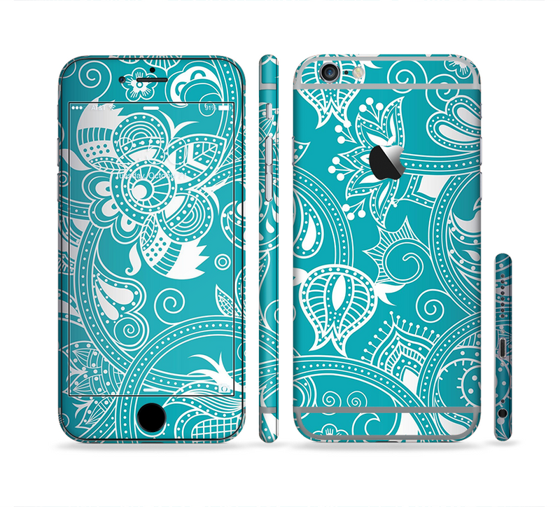 The Turquoise Fancy White Floral Design Sectioned Skin Series for the Apple iPhone 6/6s