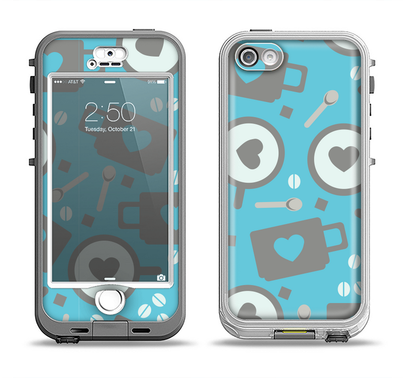 The Vector Blue & Gray Coffee Hearts Pattern Apple iPhone 5-5s LifeProof Nuud Case Skin Set