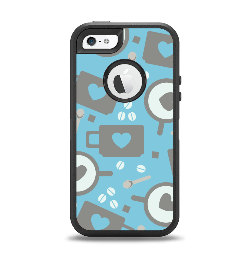 The Vector Blue & Gray Coffee Hearts Pattern Apple iPhone 5-5s Otterbox Defender Case Skin Set