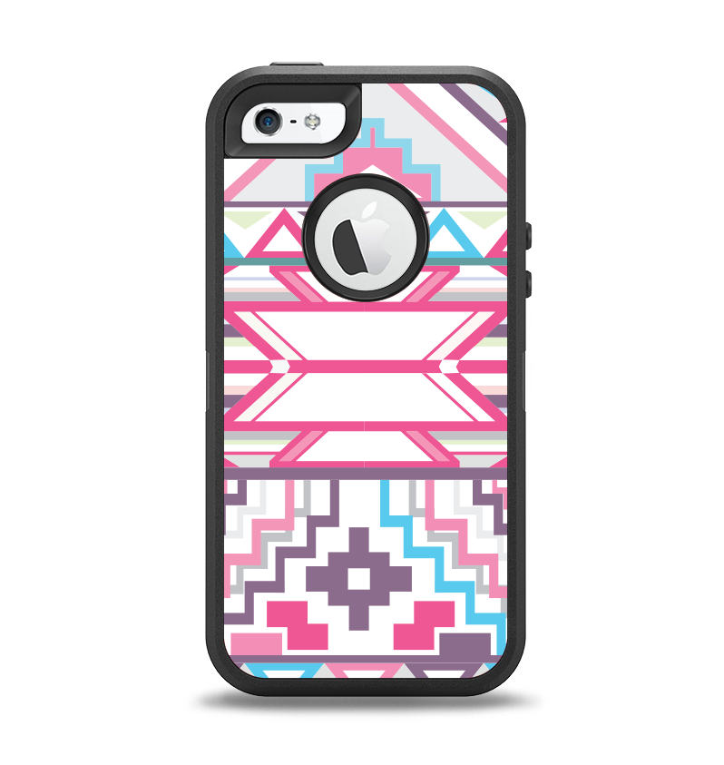 The Vector Pink & White Modern Aztec Pattern Apple iPhone 5-5s Otterbox Defender Case Skin Set