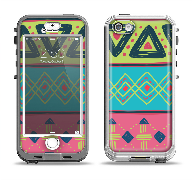 The Vector Sketched Yellow-Teal-Pink Aztec Pattern Apple iPhone 5-5s LifeProof Nuud Case Skin Set