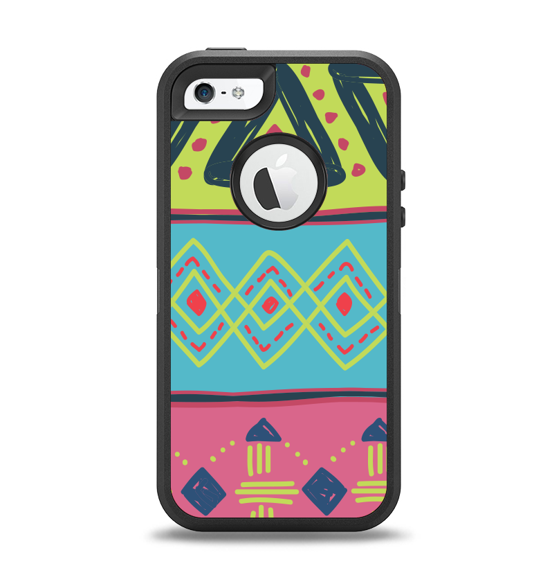 The Vector Sketched Yellow-Teal-Pink Aztec Pattern Apple iPhone 5-5s Otterbox Defender Case Skin Set
