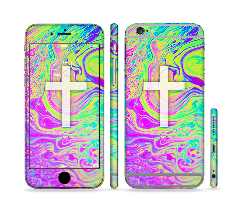 The Vector White Cross v2 over Neon Color Fushion Sectioned Skin Series for the Apple iPhone 6/6s Plus
