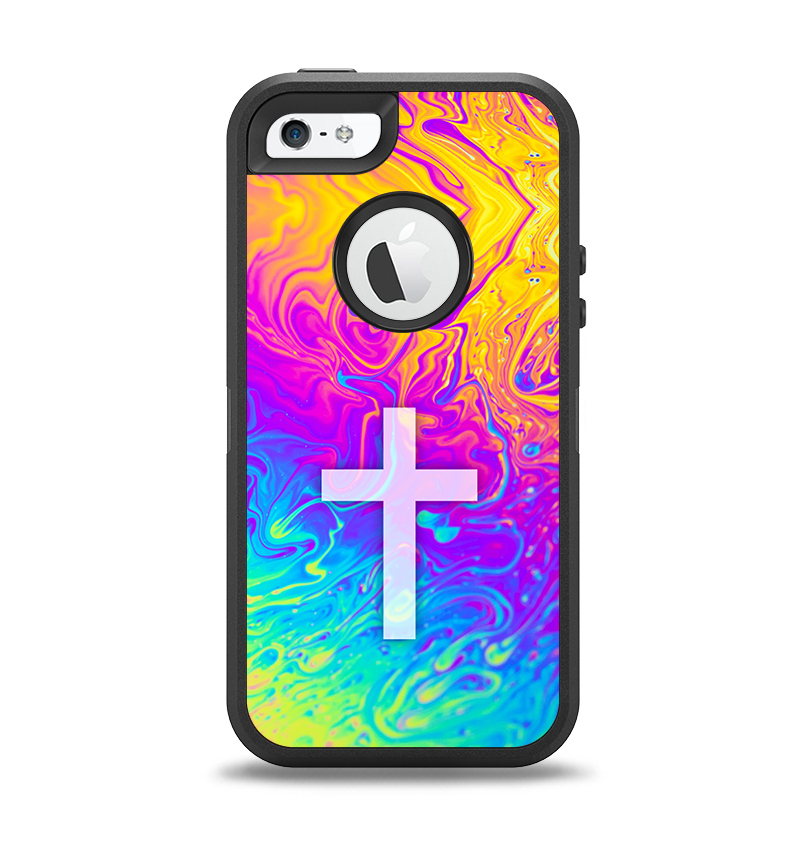 The Vector White Cross v2 over Neon Color Fushion V2 Apple iPhone 5-5s Otterbox Defender Case Skin Set