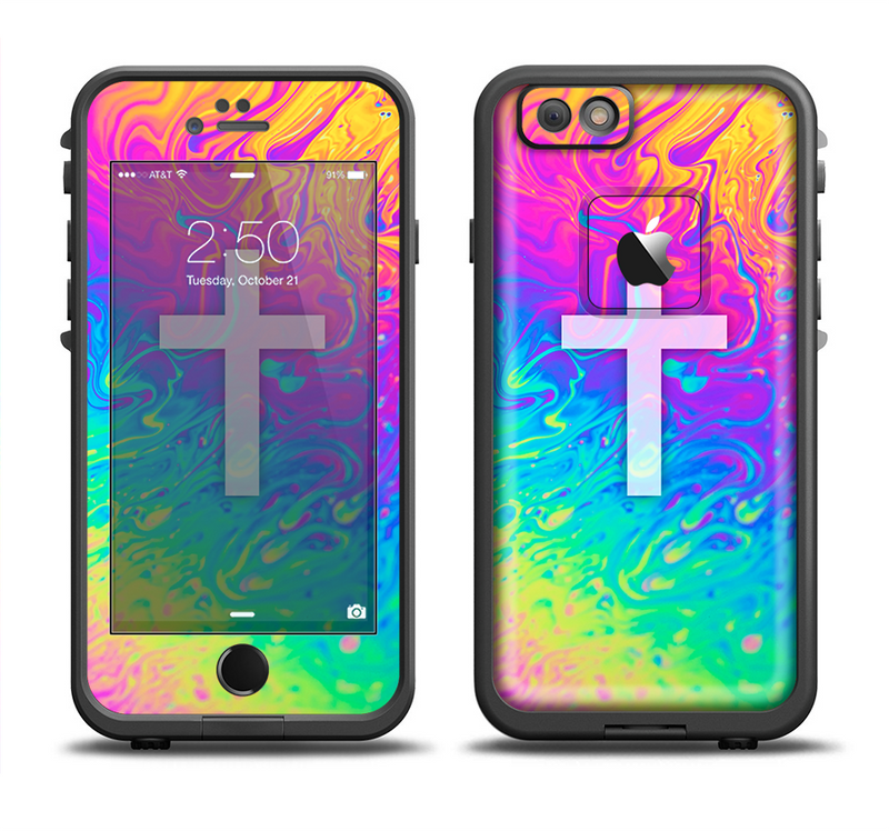 The Vector White Cross v2 over Neon Color Fushion V2 Apple iPhone 6/6s LifeProof Fre Case Skin Set