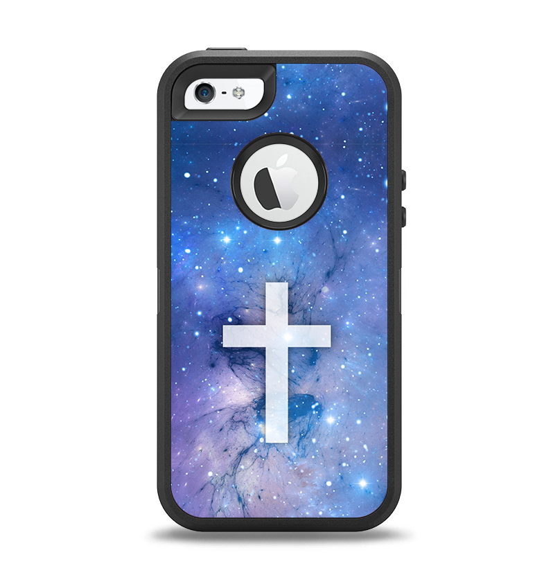 The Vector White Cross v2 over Purple Nebula Apple iPhone 5-5s Otterbox Defender Case Skin Set