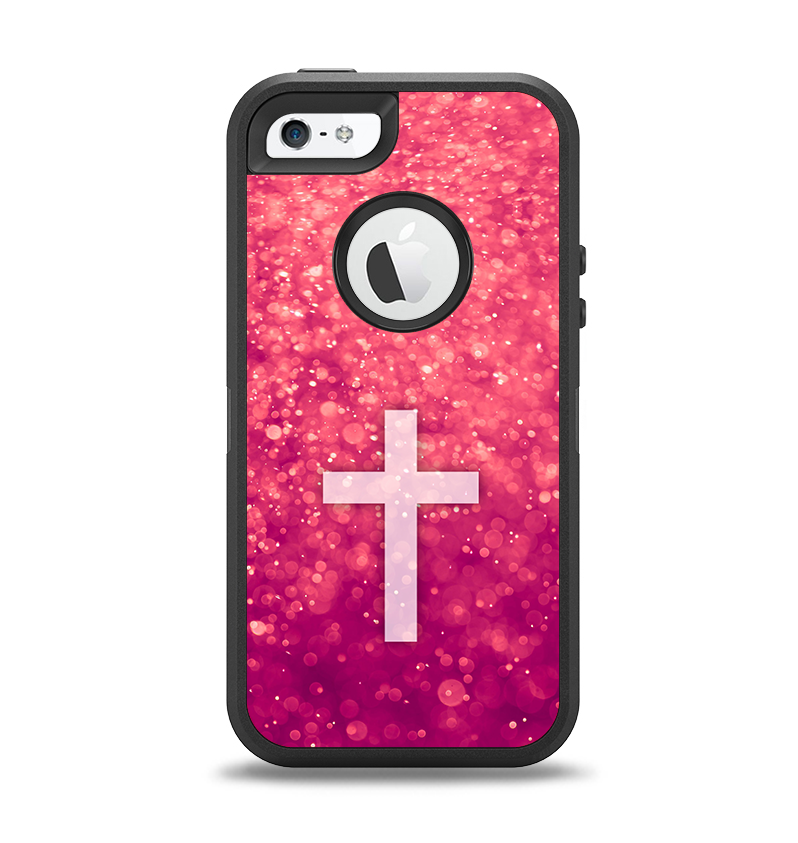 The Vector White Cross v2 over Unfocused Pink Glimmer Apple iPhone 5-5s Otterbox Defender Case Skin Set