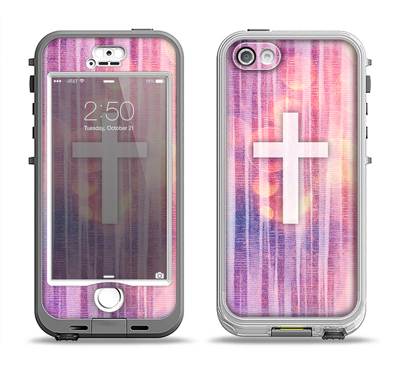 The Vector White Cross v2 over Vibrant Fading Purple Fabric Streaks Apple iPhone 5-5s LifeProof Nuud Case Skin Set