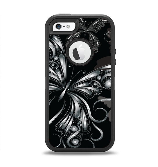 The Vibrant Black & Silver Butterfly Outline Apple iPhone 5-5s Otterbox Defender Case Skin Set