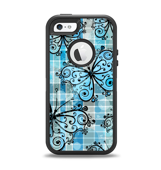 The Vibrant Blue Butterfly Plaid Apple iPhone 5-5s Otterbox Defender Case Skin Set