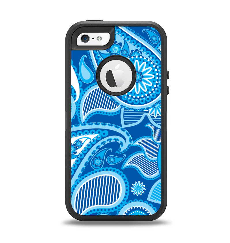 The Vibrant Blue Paisley Design Apple iPhone 5-5s Otterbox Defender Case Skin Set