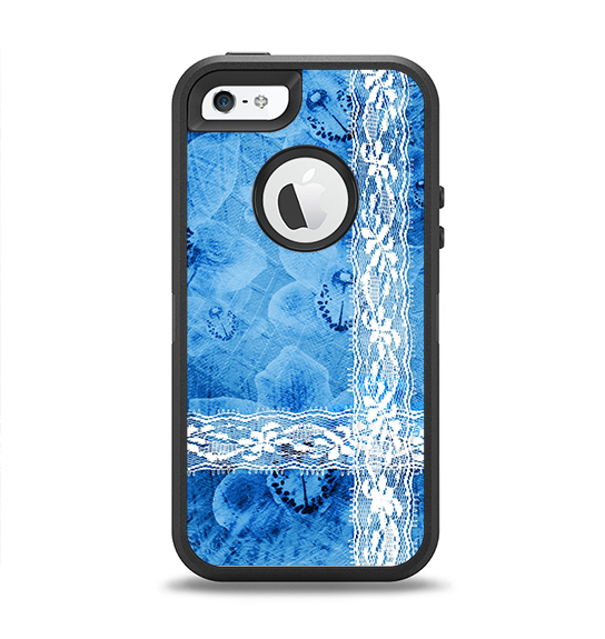 The Vibrant Blue & White Floral Lace Apple iPhone 5-5s Otterbox Defender Case Skin Set