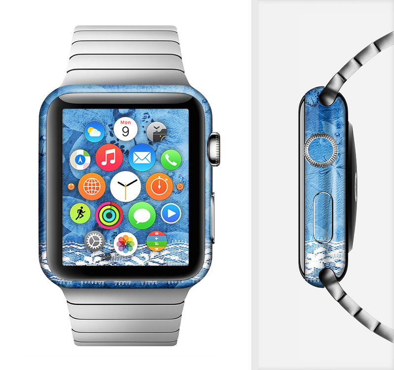The Vibrant Blue & White Floral Lace Full-Body Skin Set for the Apple Watch