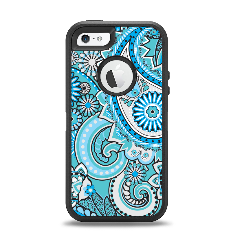 The Vibrant Blue and White Paisley Design  Apple iPhone 5-5s Otterbox Defender Case Skin Set