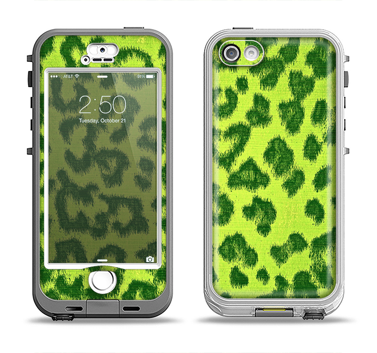 The Vibrant Green Cheetah Apple iPhone 5-5s LifeProof Nuud Case Skin Set