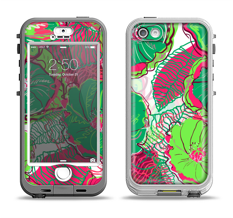 The Vibrant Green & Coral Floral Sketched Apple iPhone 5-5s LifeProof Nuud Case Skin Set