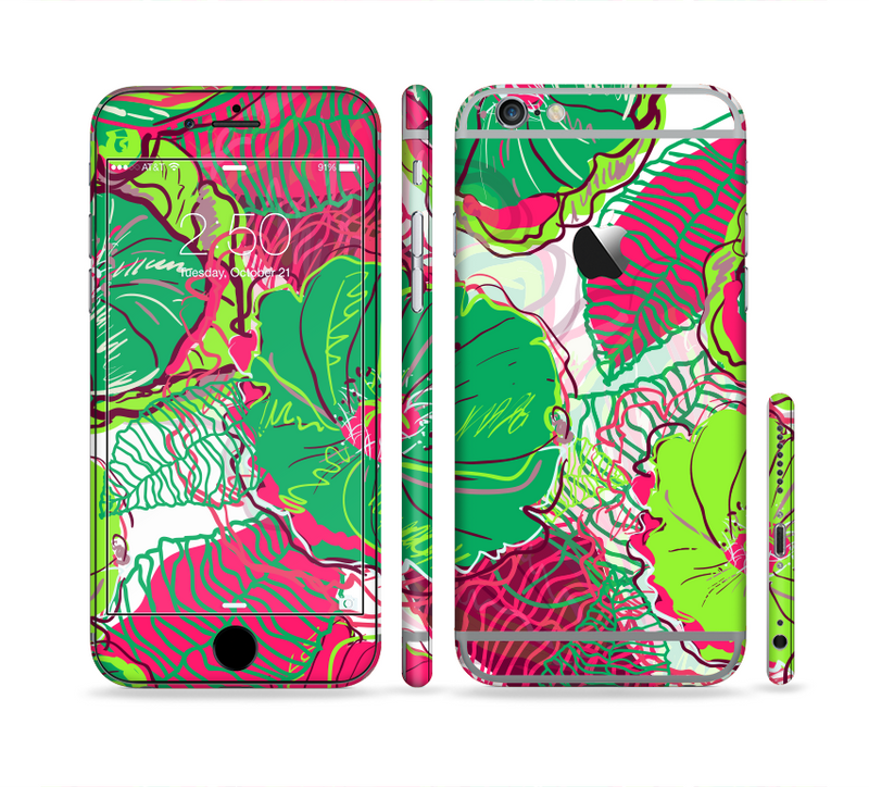 The Vibrant Green & Coral Floral Sketched Sectioned Skin Series for the Apple iPhone 6/6s