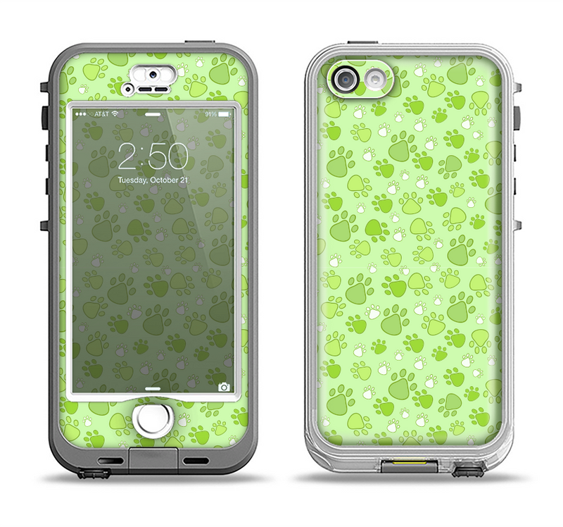 The Vibrant Green Paw Prints Apple iPhone 5-5s LifeProof Nuud Case Skin Set