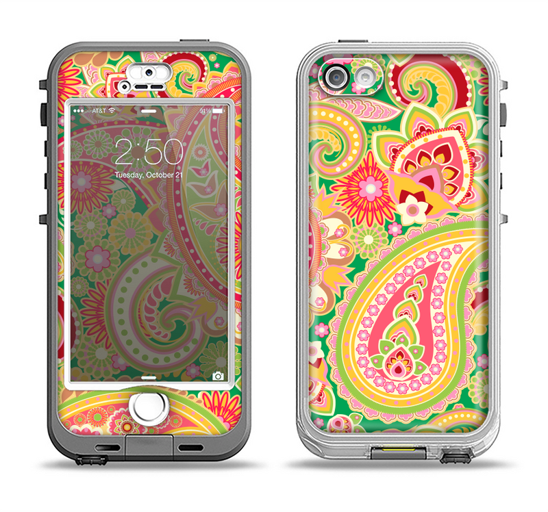 The Vibrant Green and Pink Paisley Pattern Apple iPhone 5-5s LifeProof Nuud Case Skin Set