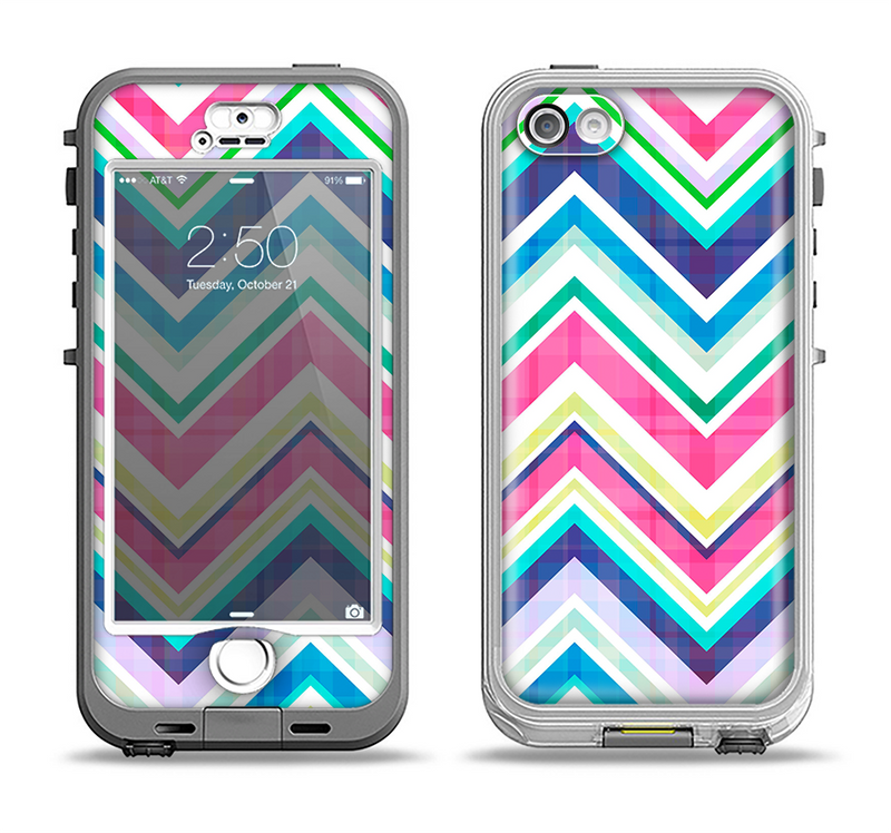 The Vibrant Pink & Blue Layered Chevron Pattern Apple iPhone 5-5s LifeProof Nuud Case Skin Set