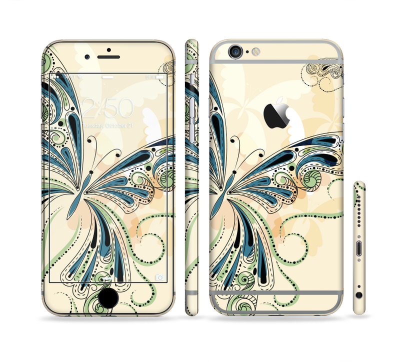 The Vibrant Tan & Blue Butterfly Outline Sectioned Skin Series for the Apple iPhone 6/6s
