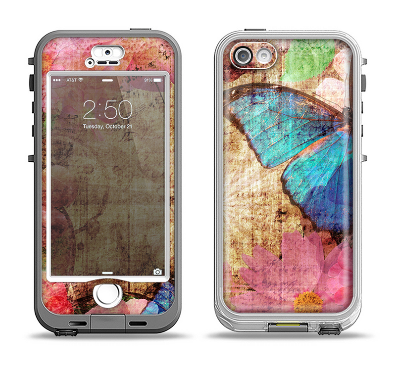 The Vintage Blue Butterfly Background Apple iPhone 5-5s LifeProof Nuud Case Skin Set