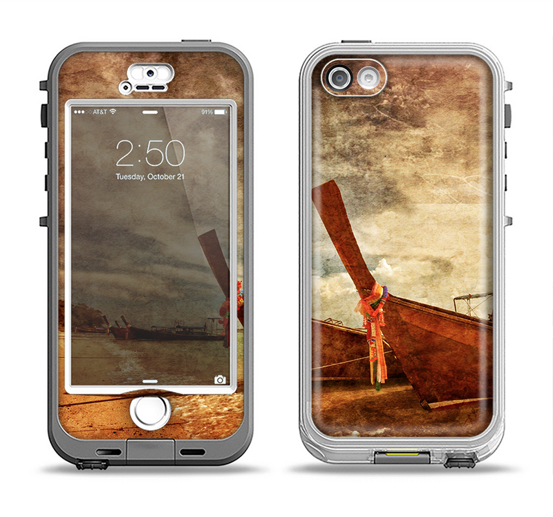 The Vintage Boats Beach Scene Apple iPhone 5-5s LifeProof Nuud Case Skin Set
