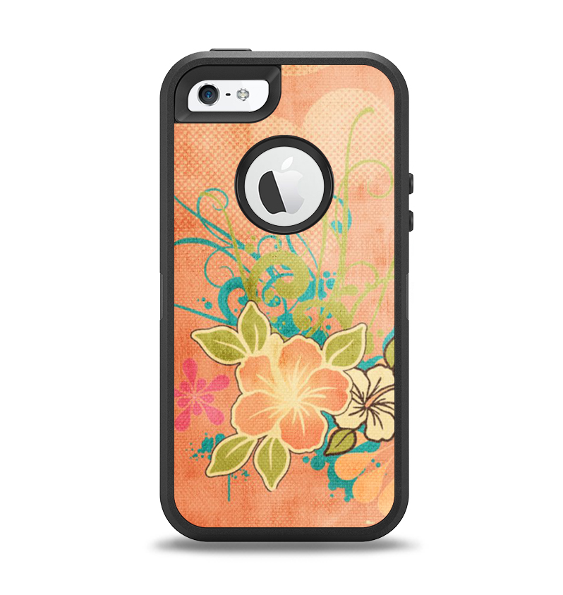 The Vintage Coral Floral Apple iPhone 5-5s Otterbox Defender Case Skin Set