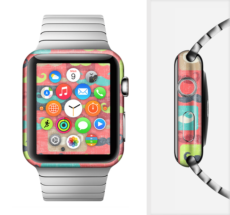 The Vintage Coral and Neon Mustaches Full-Body Skin Set for the Apple Watch