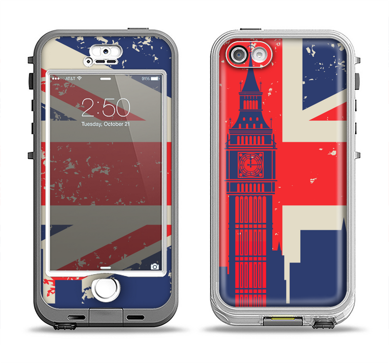 The Vintage London England Flag Apple iPhone 5-5s LifeProof Nuud Case Skin Set